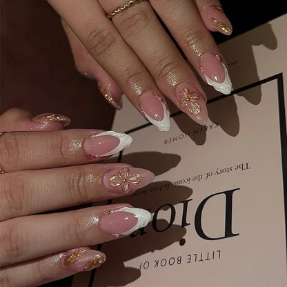 24pcs/Box Long Coffin False Nails Art Rose with Glue Wearable Nude Pink White Color Jelly Nails Tips Full Cover Press on Nails