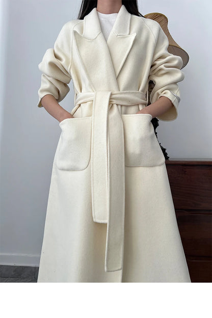 Office Lady Woolen Jackets 2024 Autumn And Winter Bathrobe Style Pocket Double-Sided Loose Lace -Up Tie Women's Long Wool Coats