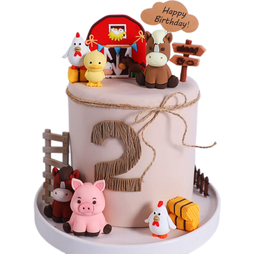 Happy Farm Cake Decoration Farm Critters Cake Topper Horse Chickens Piglet Farm Cabins Boy Girl One Birthday Cake Decorations