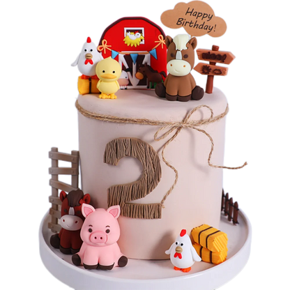 Happy Farm Cake Decoration Farm Critters Cake Topper Horse Chickens Piglet Farm Cabins Boy Girl One Birthday Cake Decorations