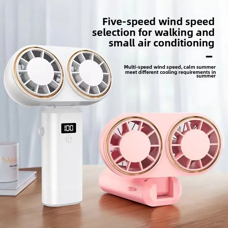 New Handheld USB Small Fan Double-headed Handheld Fan with Long Battery Life Mini Rechargeable Portable Electric Fan.