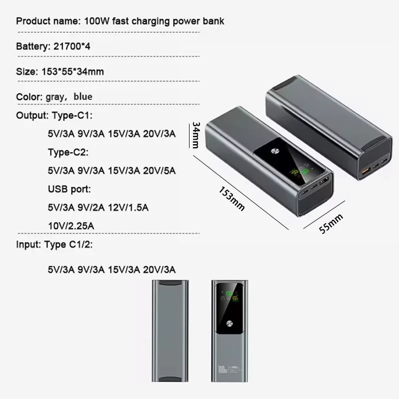 20000mAh 100W Large Capacity Power Bank Bidirectional Fast Charging Portable Powerbank Laptop External Spare Battery for Macbook