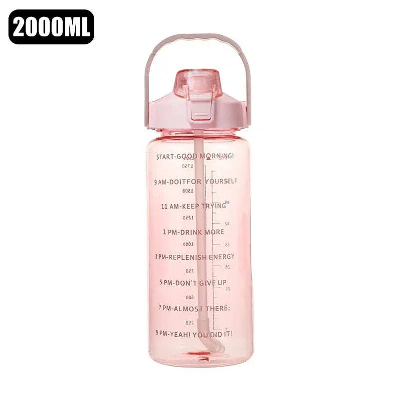 2L Portable Water Bottle Large Capacity Plastic Straw Water Cup Drink Bottle with Time Marker for Outdoor Sports Fitness Hot