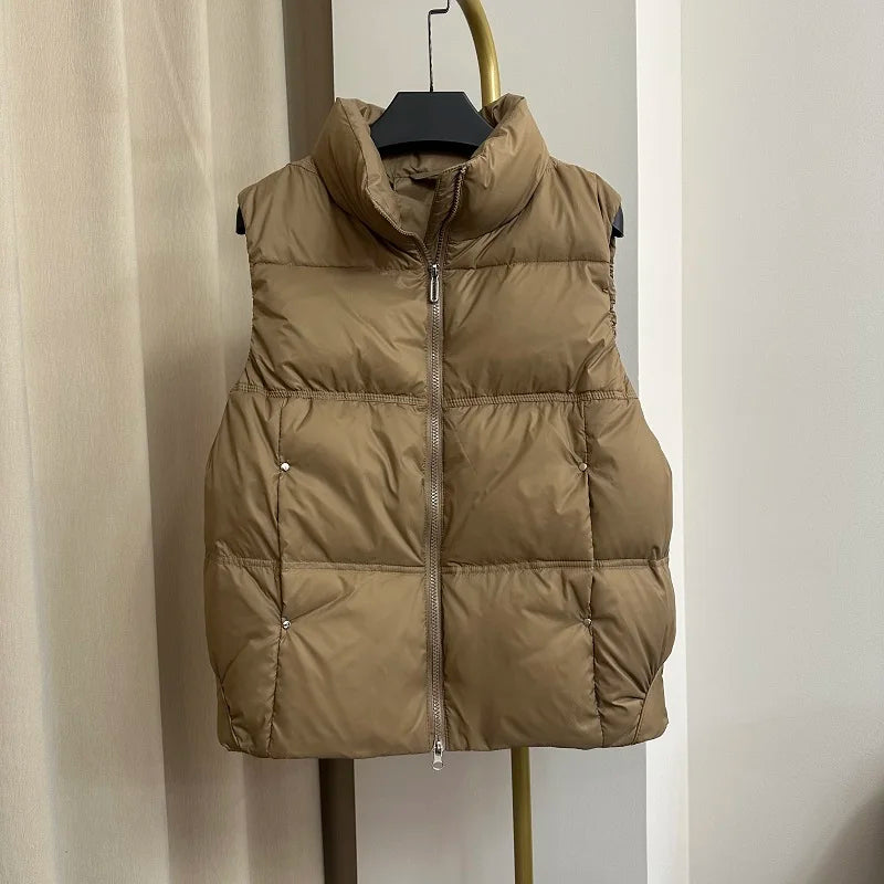 Down Jacket Women Sleeveless 2024 New Down Vest Female Standing Collar Short Coat Loose White Down Jacket Vest Small European