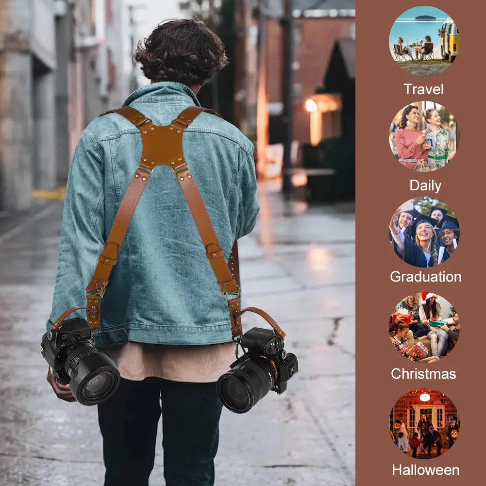 Dual Camera Strap Double Camera Harness Adjustable Leather Camera Straps Universal Camera Carrying Strap for Photographers