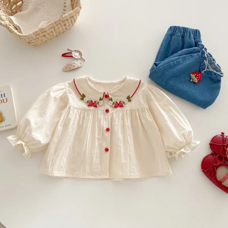 Girls Fashion Shirt 2025 New Spring Baby Korean Long Sleeve Shirt Children Spring Strawberry Peter Pan Collar Top