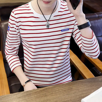 T Shirts for Men Stripe Tops Red Cotton Male Clothes Round Neck Harajuku Fashion Sale High Brand Regular Fit It Full Sleeve Tee