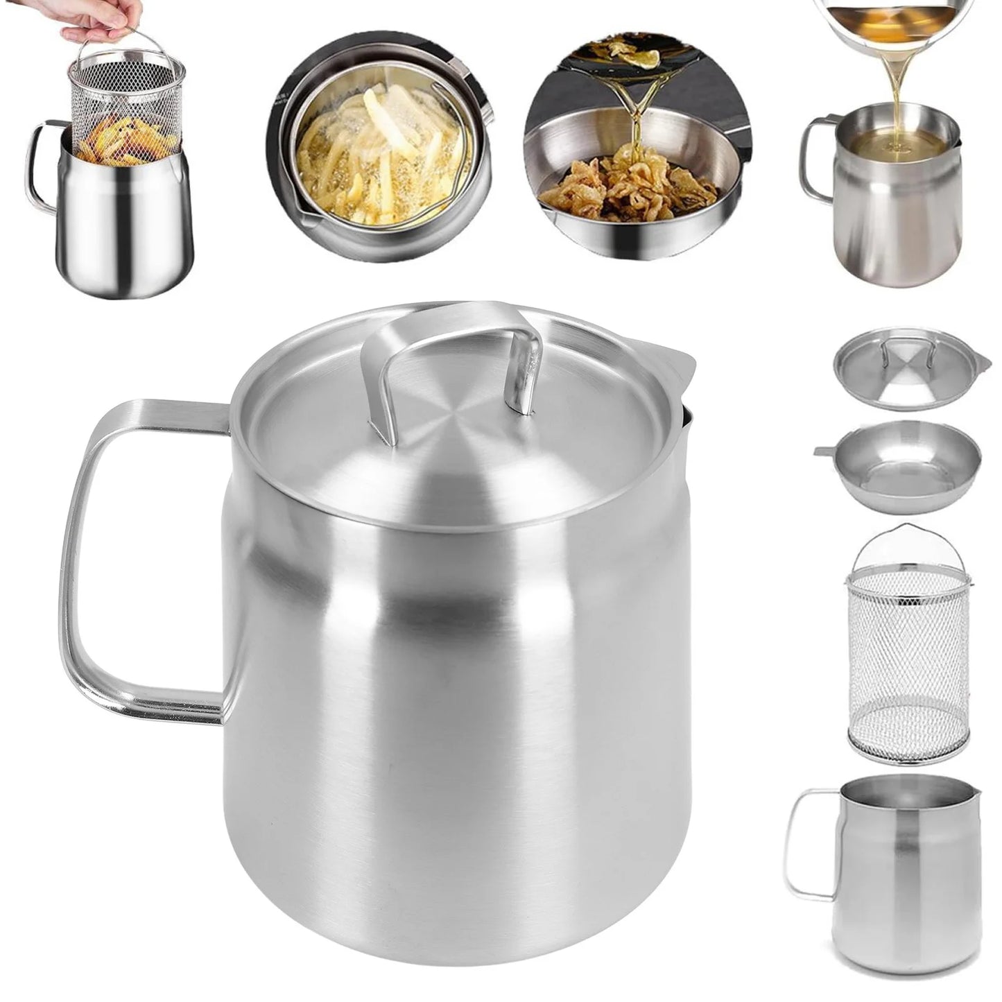 Oil Strainer Pot 304 Stainless Steel Oil Filter Large Capacity Ergonomic Handle Grease Container With Strainer Oil Storage Can