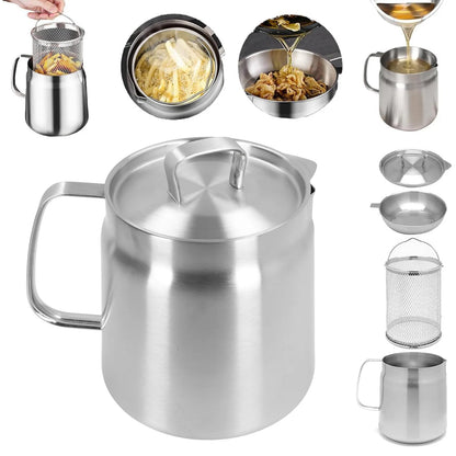 Oil Strainer Pot 304 Stainless Steel Oil Filter Large Capacity Ergonomic Handle Grease Container With Strainer Oil Storage Can