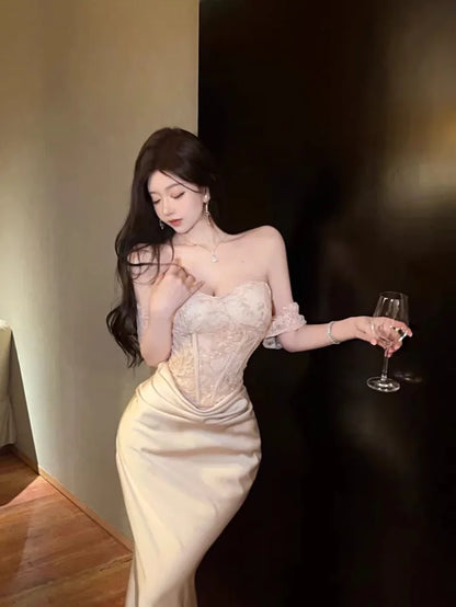 Ezgaga Women Dresses Strapless Lace Patchwork Elegant Slim Backless Temperament Slim Sexy Ladies Mermaid Dress Party Cocktail