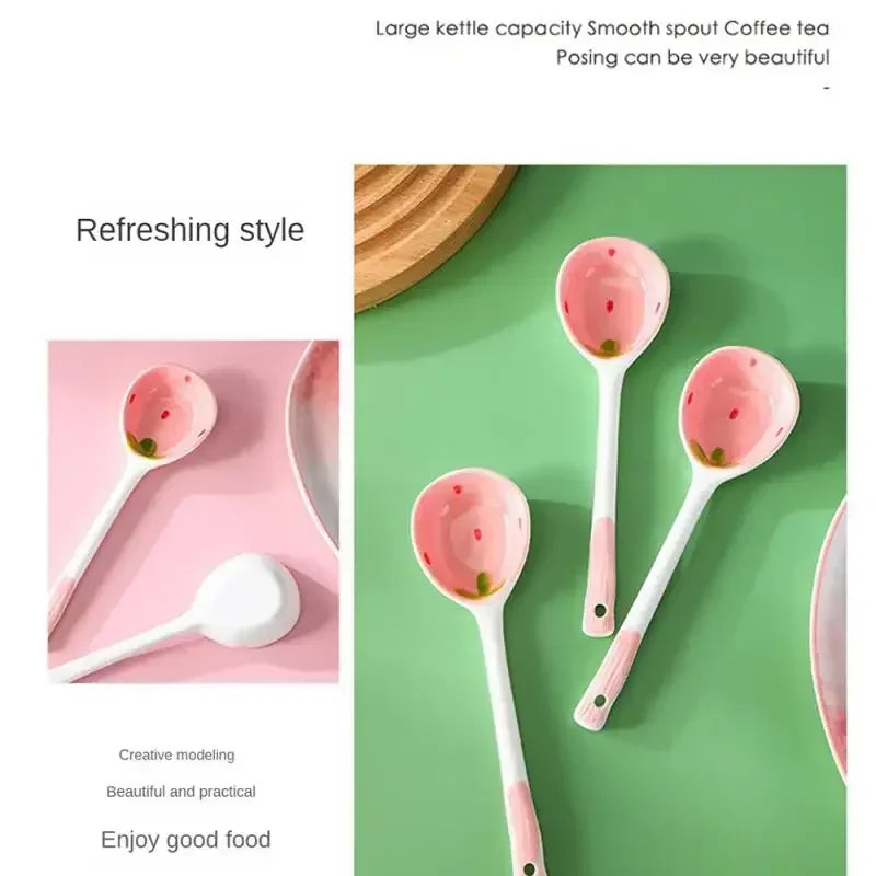 Strawberry Long Handled Ceramic Spoon Cute Household Stirring Spoon High Appearance Spoon Children's Soup Spoon