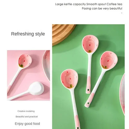 Strawberry Long Handled Ceramic Spoon Cute Household Stirring Spoon High Appearance Spoon Children's Soup Spoon