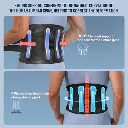 Back Brace For Lower Back Pain,With 4 Metal Supports,Four Elastic Bands,Breathable& Strong Support,Effectively Relieve Your Pain