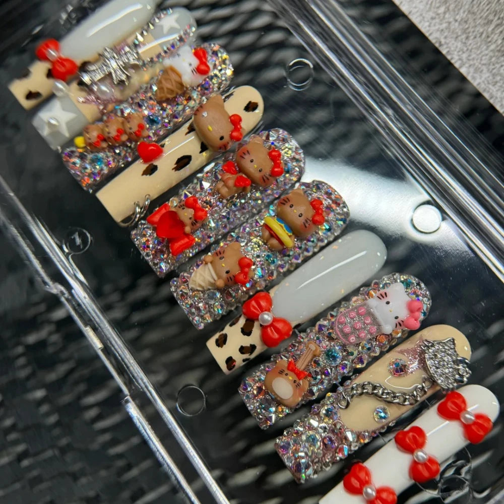 10PCS Handmade Manicure Press-On Nails French Style Medium Almond Shape with Blue Bow Design Includes Adhesive And Nail File Set