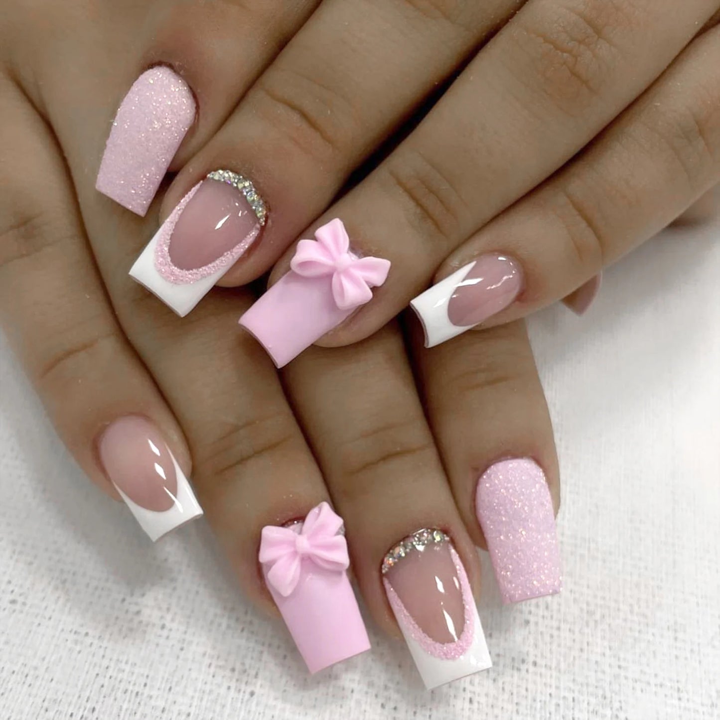 White French Short Press on Nails 3D Bowknot Designs Nude Color Fake Nails Artificial False Nails Tips for Woman DIY Manicure