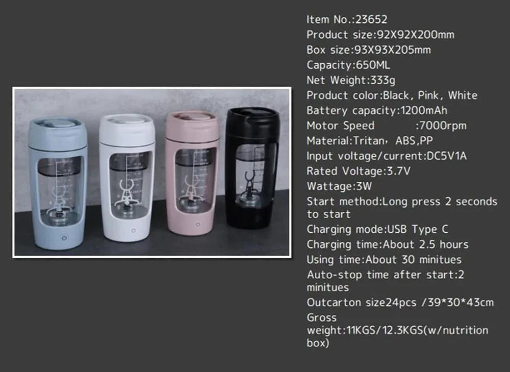 Electric Protein Shaker Bottle Portable 1200mAh Rechargeable Blender Cup Automatic Self Stirring Mug 650ml Mixing Cups for Fitne