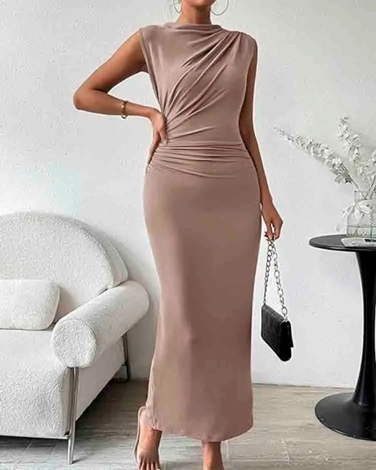 Women's Ruched Bodycon Dress Summer Casual Sleeveless Back Slit Elegant Club Evening Party Cocktail Maxi Dresses