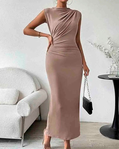 Women's Ruched Bodycon Dress Summer Casual Sleeveless Back Slit Elegant Club Evening Party Cocktail Maxi Dresses