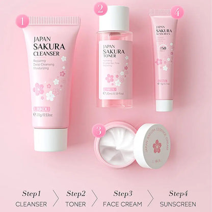4pcs/Bag Sakura Skin Care Sets Facial Cleanser Face Face Toner Sunscreen Moisturizing Smoothing Nourishing Skincare Product