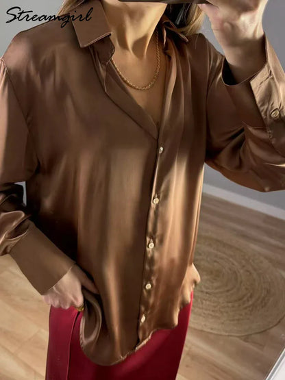 Office Wear Women Shirts Satin Blouse Luxury Pink Long Sleeve Formal Shirts Female Button Silk Tops For Women Elegant All-Match