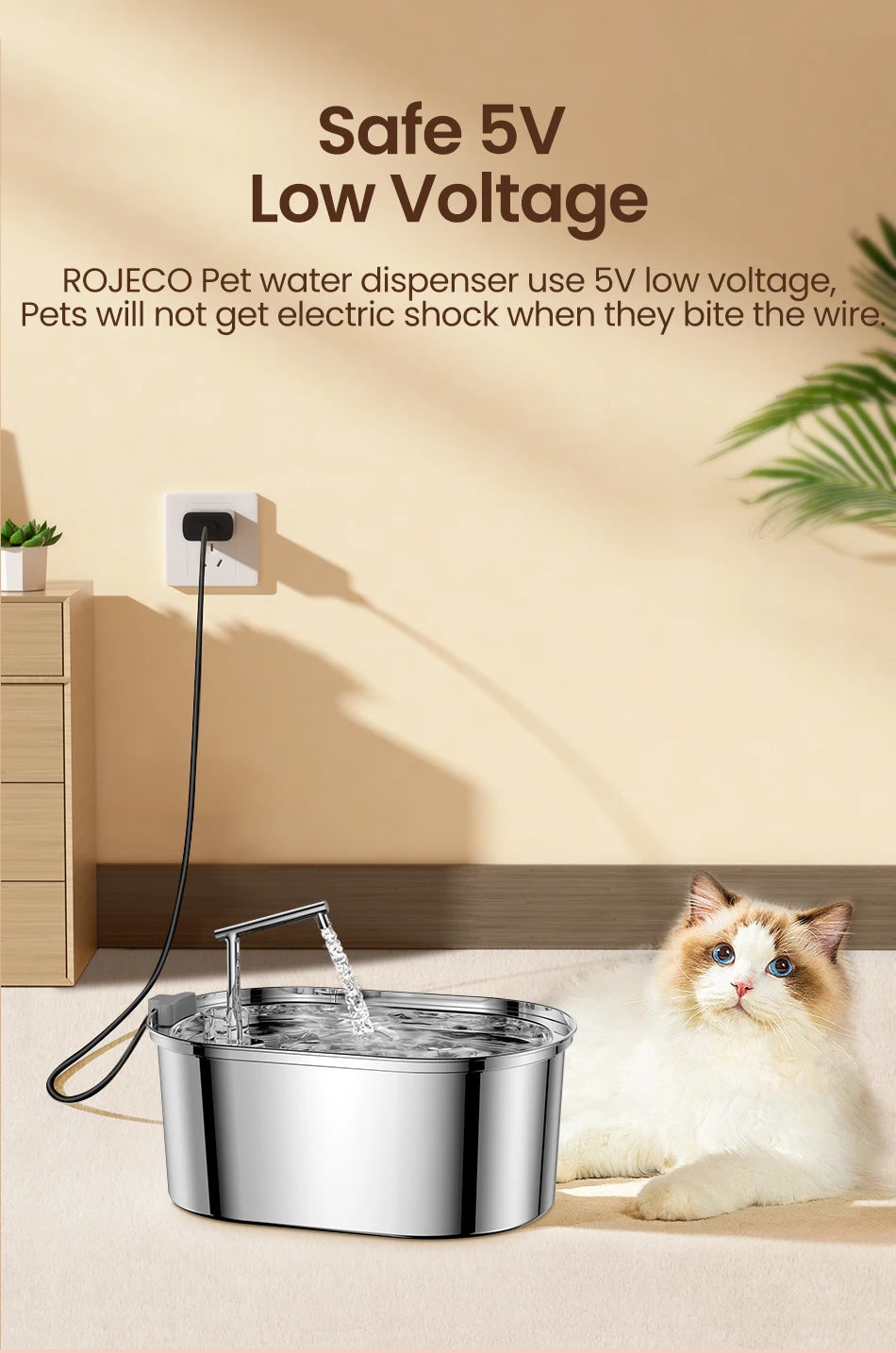 ROJECO Stainless Steel Cat Water Fountain Automatic Pet Water Dispenser Cat Drinking Fountain Auto Drinker For Dogs Accessories
