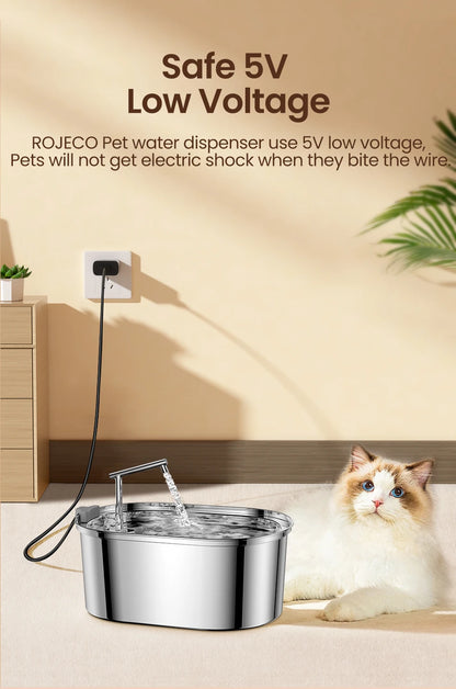 ROJECO Stainless Steel Cat Water Fountain Automatic Pet Water Dispenser Cat Drinking Fountain Auto Drinker For Dogs Accessories
