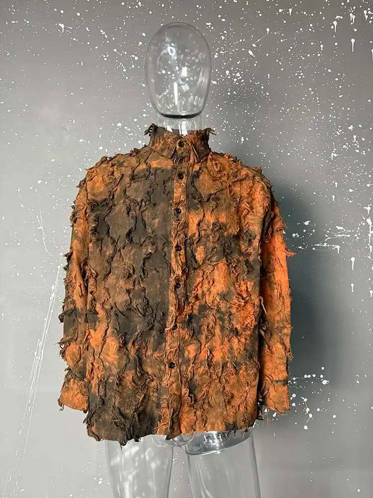 PFHQ Tie Dye Patchwork Shirts Men's Turn-down Collar Long Sleeve Tops Personalized Single Breasted Tassel Male Clothing 21Z9142