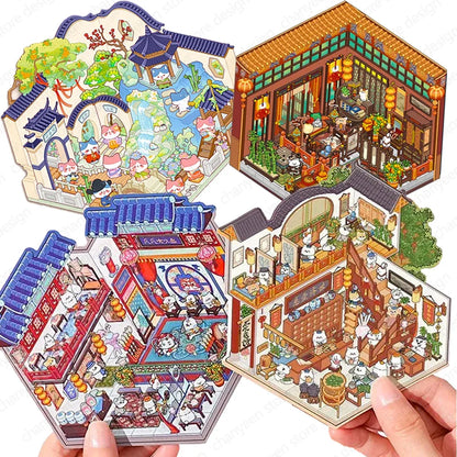 Cartoon 3D Chinatown Landscape Sticker Theater Pharmacy Restaurant DIY Pocket Cabin Scene Stickers Gift for Kid Child