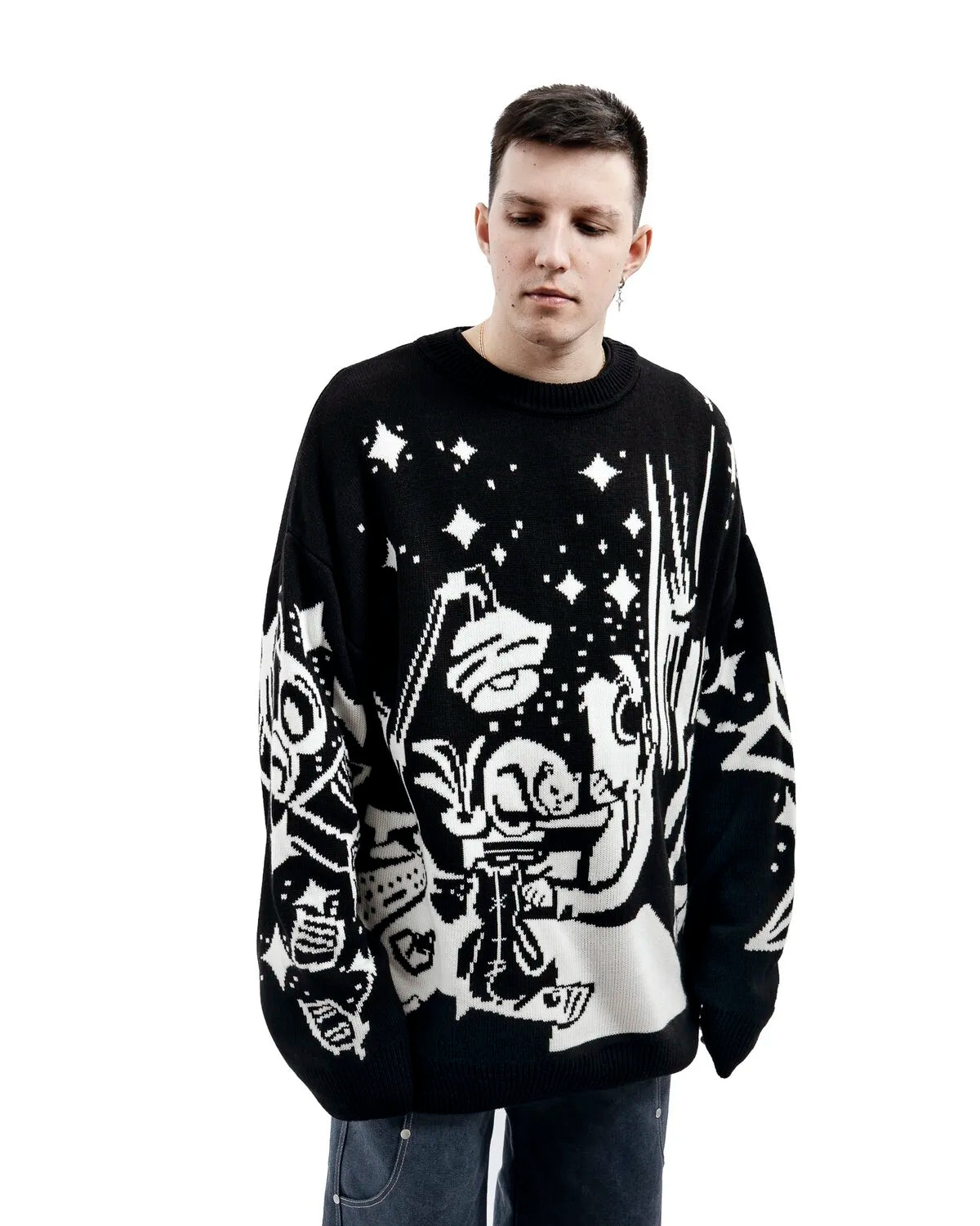 Oversized Sweaters Men Women Harajuku Anime Girl Graffiti Vintage Knitted Sweater lo-fi Winter Unisex Cotton Pullover Streetwear