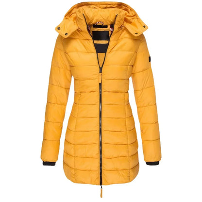 Winter Women's Cotton Jacket Medium Length Slim Fitting Cotton Jacket Warm Solid Hooded Cotton Jacket