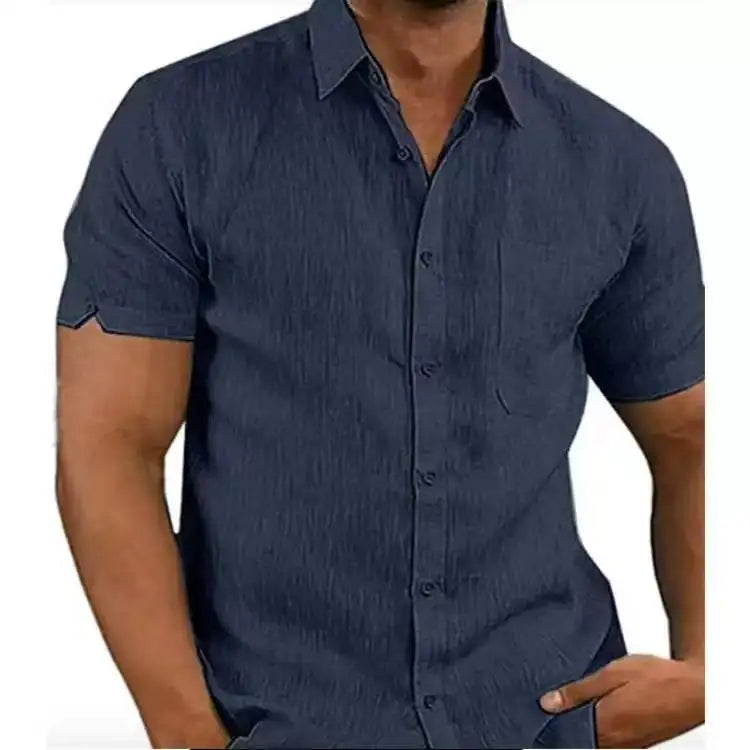 Men Pocket Blouse Tops Summer Male Turn Down Collar Button Short Sleeve Slim Solid Color Blouse Shirts YYCFS-19505