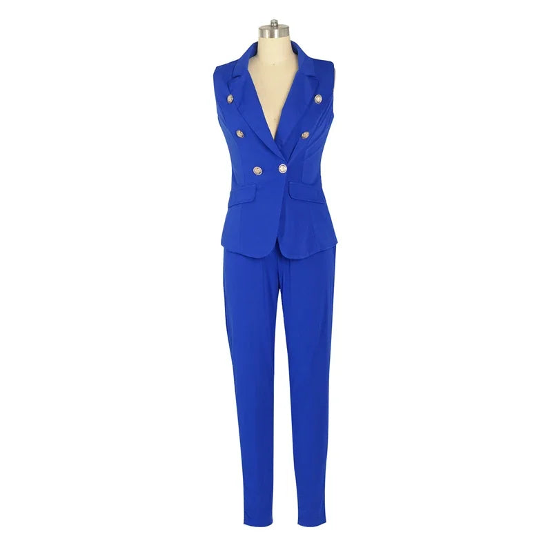 Business OL Work Wear Two Piece Pant Suits for Women Set Elegant Sleeveless Blazer Top + Pencil Pants Office Lady Matching Sets