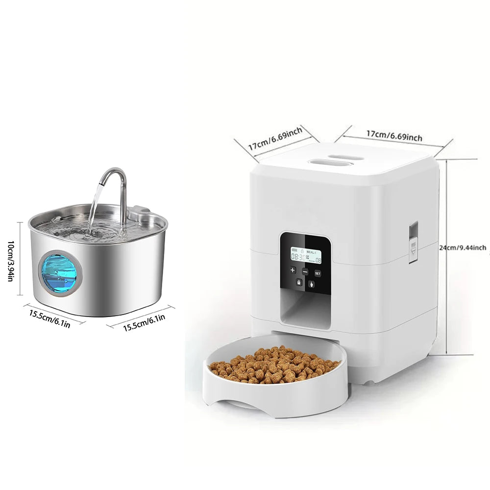 Smart Pet Feeder, Pet Dispenser and Fountain Set, Cat Automatic Feeder with Stainless Steel Fountain, Dog Feeder and Fountain Ki