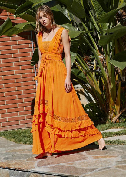 canwedance Summer Beach Dress Sleeveless Cotton Maxi Dresses Boho Style Solid Color Lace Ruffled Sundress Mujer Vestidos