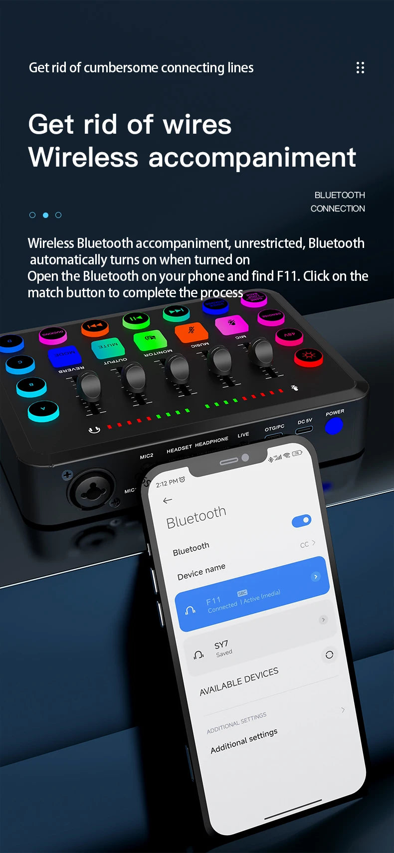 F11 Live Sound Card Streaming 5-Channel Mixer Sound Card Audio Mixer Professional Studio for Game Voice Podcast Live Streaming