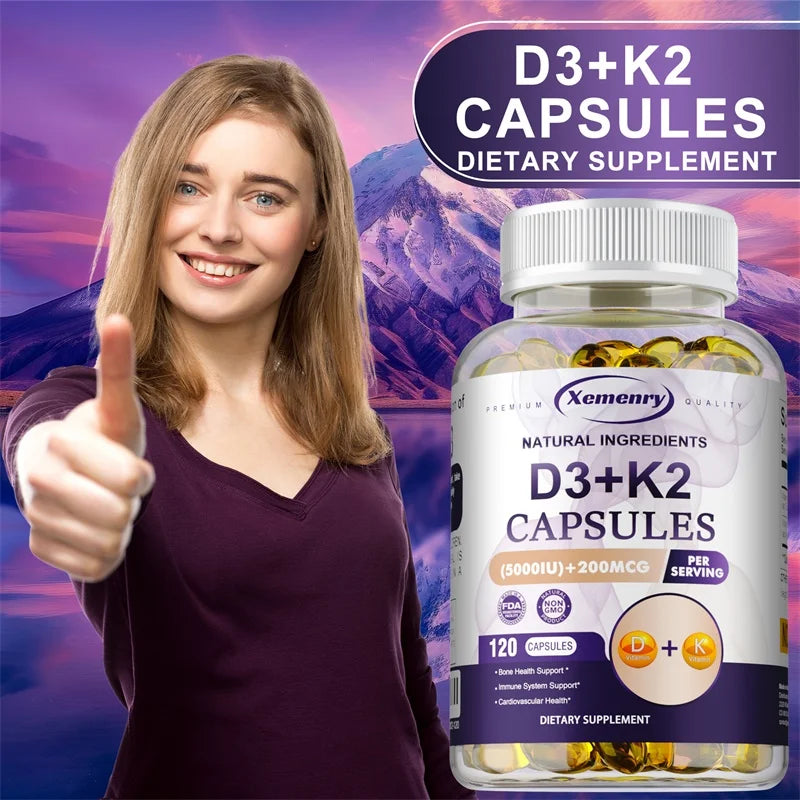 Vitamin D3 5000IU and 200 Mcg Vitamin K2 (MK-7) Capsules for Calcium Absorption, Bone Regeneration, Immune Support, Easy To Melt