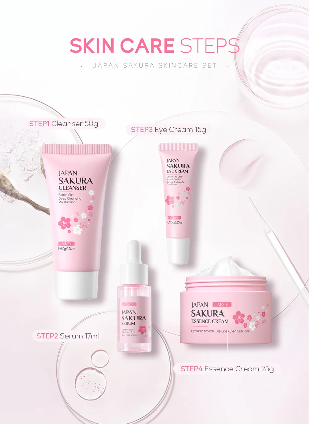 LAIKOU Sakura Skin Care Set Facial Cleanser Face Cream Essence Facial  Eye Cream Skincare Product 4pcs Kit