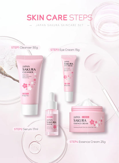 LAIKOU Sakura Skin Care Set Facial Cleanser Face Cream Essence Facial  Eye Cream Skincare Product 4pcs Kit