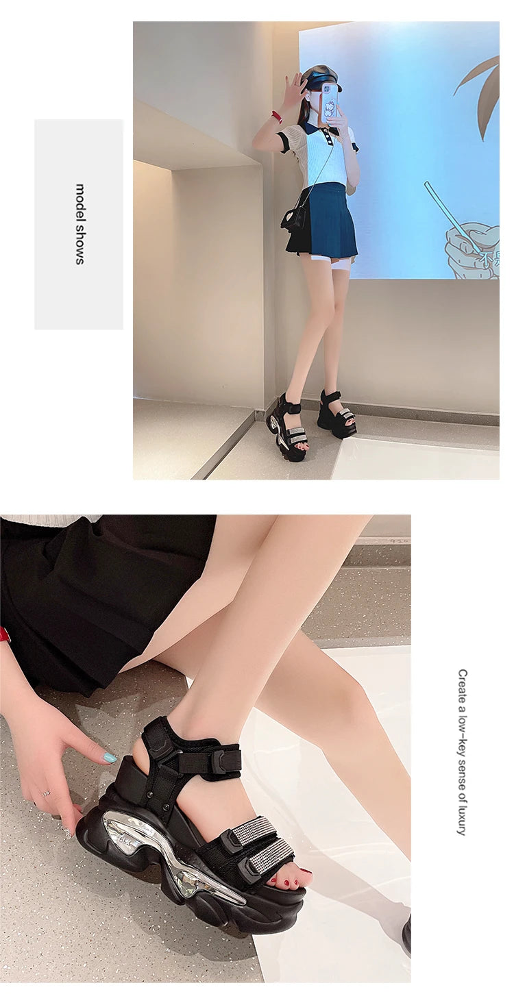 Summer High Platform Women Sandals Buckle 10CM Wedges Bling Shoes Fashion 2023 Outside Chunky Sandals Beach Casual Slides Woman