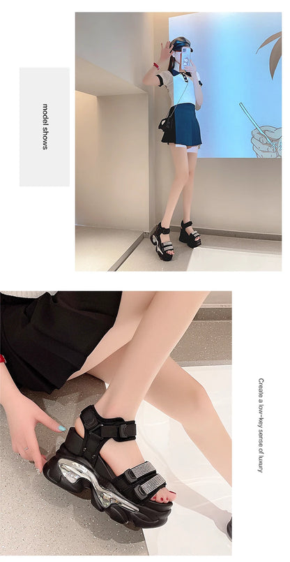 Summer High Platform Women Sandals Buckle 10CM Wedges Bling Shoes Fashion 2023 Outside Chunky Sandals Beach Casual Slides Woman