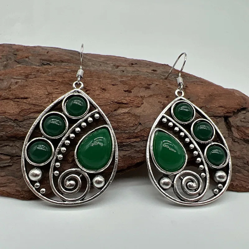 Vintage Waterdrop Metal Artisan Carved Spiral Earrings Set Green Round Stone Hook Drop Earrings Women