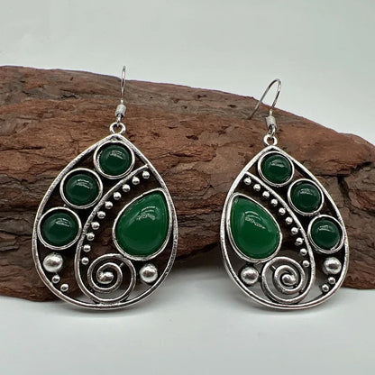 Vintage Waterdrop Metal Artisan Carved Spiral Earrings Set Green Round Stone Hook Drop Earrings Women