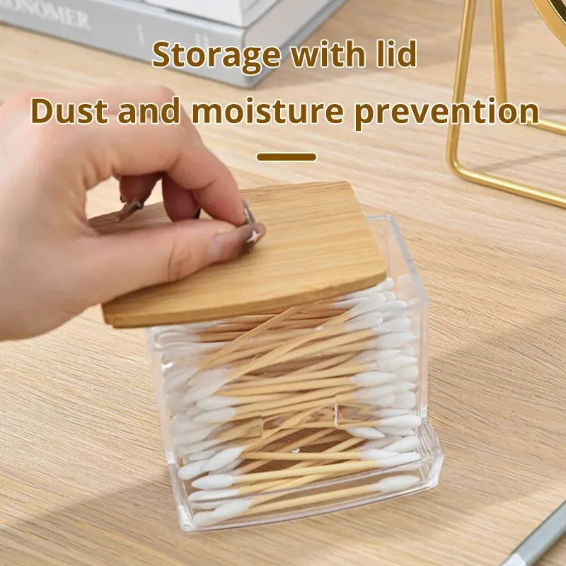 1set Transparent Acrylic Wood Cover Cotton Swab Box With 500 Cotton Swabs Cosmetic Cotton Storage Box
