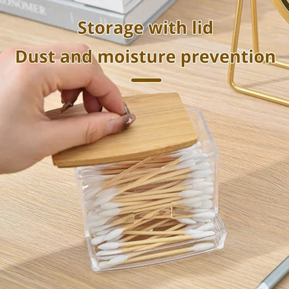1set Transparent Acrylic Wood Cover Cotton Swab Box With 500 Cotton Swabs Cosmetic Cotton Storage Box