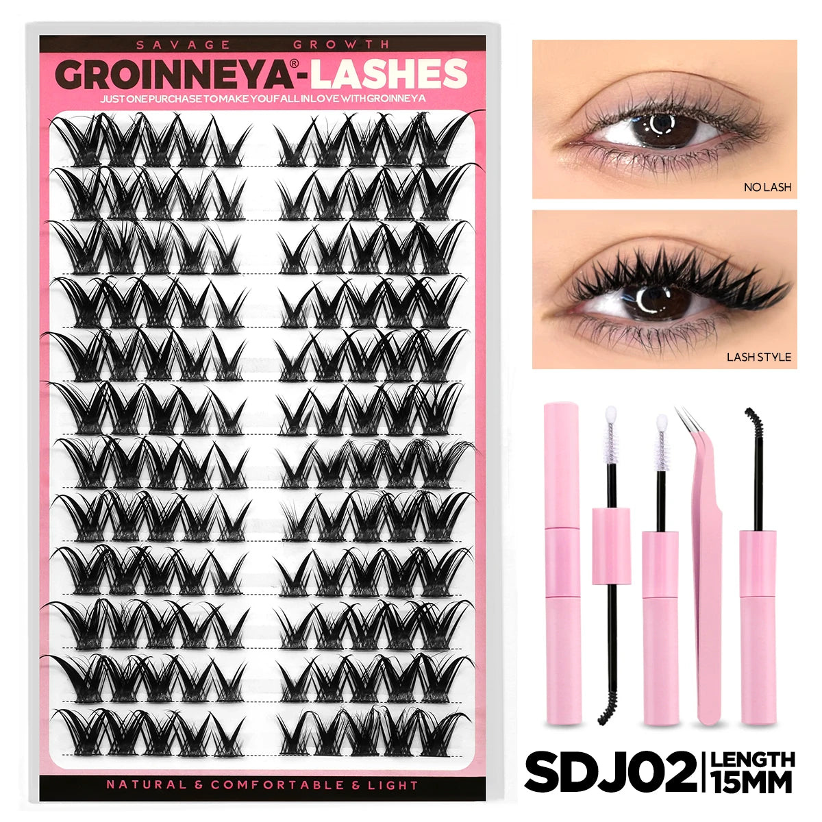 GROINNEYA Lash Clusters Kit DIY Lash Extension Volume Waterproof Individual Lashes Clusters Kit Lash Bond & Seal & Lash Tweezers