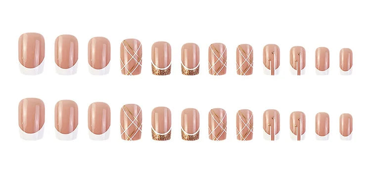24Pcs Short Square Coffin False Nails Square Fake Nails with Glue French Glitter Wearable Acrylic Nails Set Press on Nail Tips