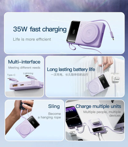 New Portable Built in Cables Magnetic Wireless Power Bank PD35W Fast Charging 20000mAh Large Capacity Powerbank for iPhone 16 15