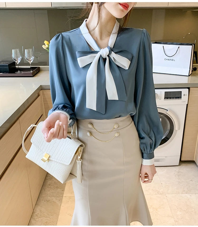 Elegant Office Blouses Women Chiffon Autumn Winter Korean Fashion Casual Streetwear Blusas Mujer Puff Sleeve Ladies Tops Shirts