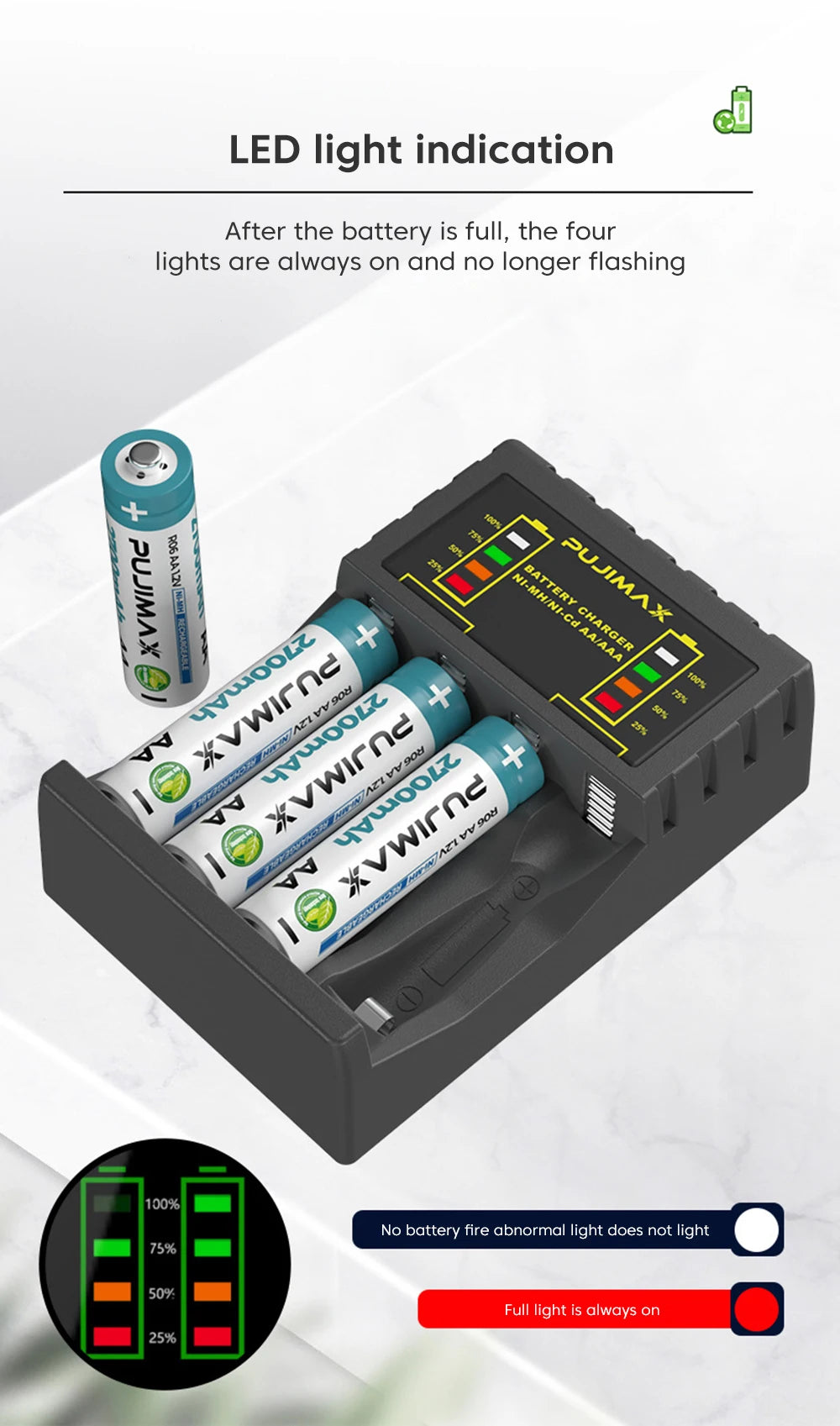 Battery Charger 4 Slot Intelligent Fast Charge With Indicator For 1.2V NiMH NiCd AAA/AA Rechargeable Batteries USB C Micro Jack