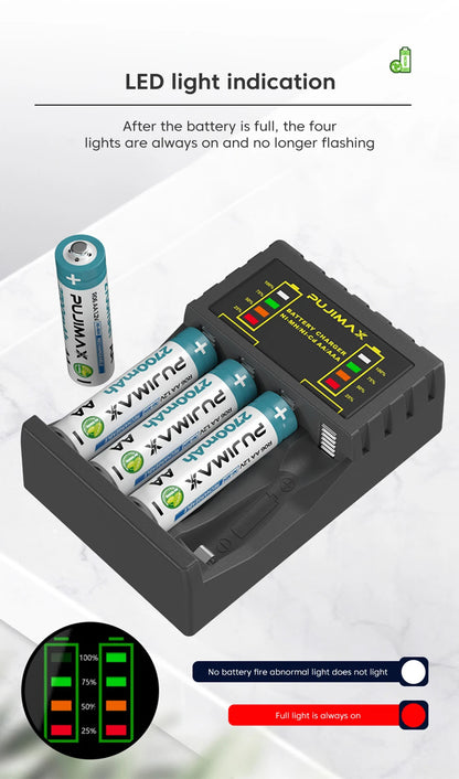 Battery Charger 4 Slot Intelligent Fast Charge With Indicator For 1.2V NiMH NiCd AAA/AA Rechargeable Batteries USB C Micro Jack